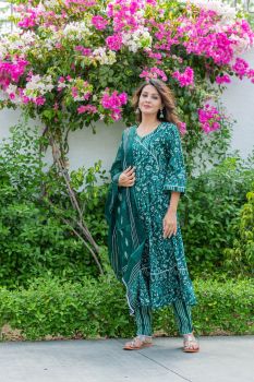 Teal Blue Floral Printed Lace Kurta Set With Solid Dupatta
