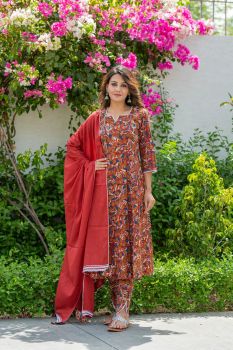 Red Block Print Kurta Set With Cotton Dupatta