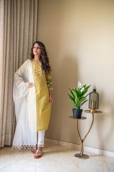 Yellow Khadi Embellish Kurta Set With Kota Doriya Dupatta