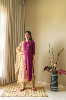 Wine Rayon Kurta Set With Pintex With Dupatta