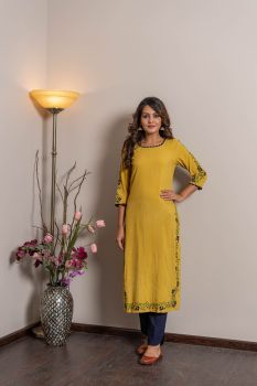 Mustard Yellow Rayon Dobby Embellish Kurta Set