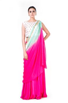 Hand Embroidered White Crop Top with a Pink Palazzo & Green & Pink Shaded Dupatta
