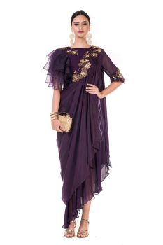 Hand Embroidered Plum Draped Indowestern Dress With One Side Ruffles