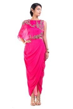 Fuchsia Pink Cape-Cropper With Dhoti Skirt