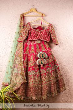 Strawberry Pink Embroidered Bridal Lehenga Set With Peacock & Elephant Details