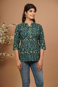 Green Printed Pure Cotton A-Line Top