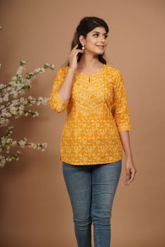 Yellow Printed Pure Cotton A-Line Top