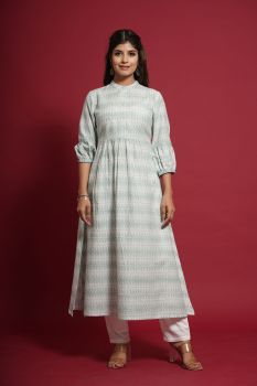 Green Block Print Cotton Kurta Set