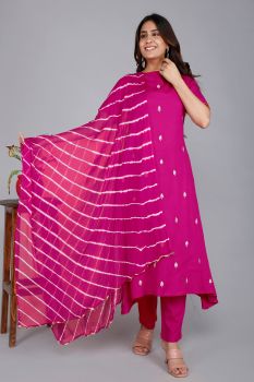 Solid Rayon Embroidery Kurta Set With Lehariya Dupatta