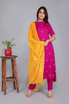 Solid Rayon Embroidery Kurta Set With Lehariya Dupatta