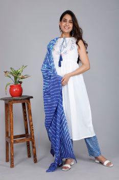 White Embroidered Flared Kurta With Lehariya Pant & Dupatta