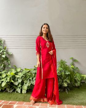 Red embroidered sharara suit