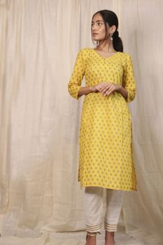 Cotton Yellow Kurti Pant Set