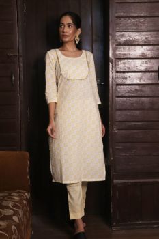 White And Yellow Kurti Pant Set
