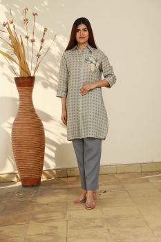 Blue beige gingham check tunic