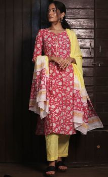 Pink And Yellow Kurti Pant Set With Dupatta
