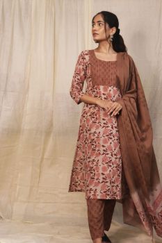 Brown Kurti Pant Set With Dupatta
