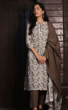 White And Brown Kurti Pant Set With Dupatta