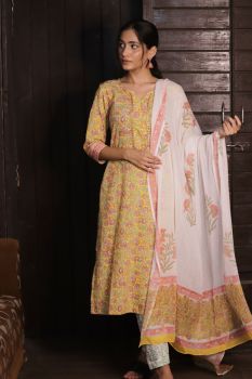 Yellow Kurti And Pant Set With Dupatta