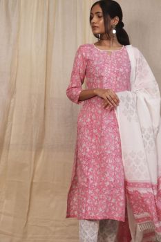 Pink Kurti Pant Set With Dupatta