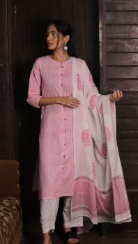 Pink Kurti Pant Set With Dupatta