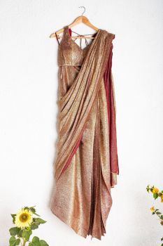Shimmer Maroon And Gold Prestitched Saree With Samr Blouse
