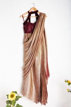 Shimmer Maroon And Gold Pre-stitched Saree With Maroon Sequence Sexy Blouse