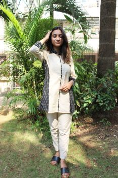 Black And Beige Ikat Top With Beige Pant