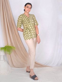 Green Tie Up Top And Beige Pants