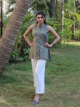 Grey Long Top With White Palazzo Pants