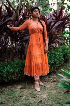 Sunset Orange Angrakha With Kurti And Trouser