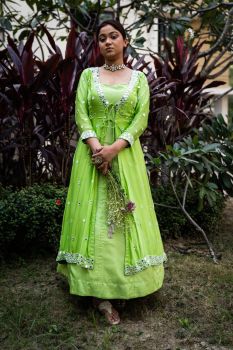 Leafy Green Long Jacket And Gown Set