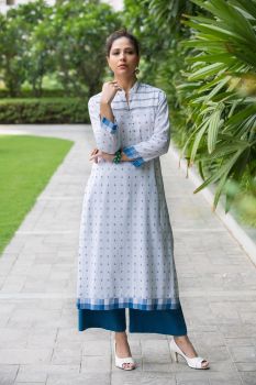 White Kurta with Blue Booti
