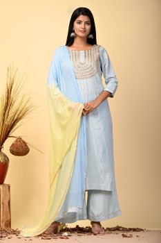 Sky Blue Kurta And Pallazo With Chiffon Dupatta