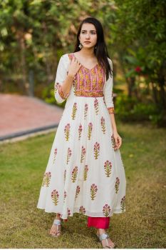 Floral Muslin Aline kurta with pink lining cotton pants