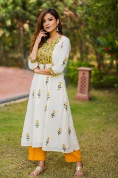 Floral Muslin aline with rayon straight pants