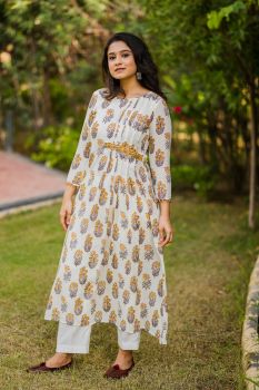 Floral Muslin pleated aline kurta with rayon pants
