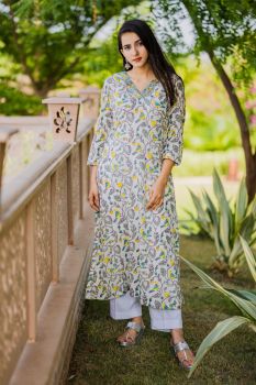 Floral Muslin aline kurta with white pants