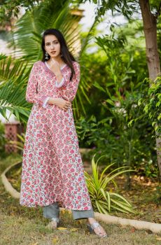 Floral Cotton aline kurta with grey pants