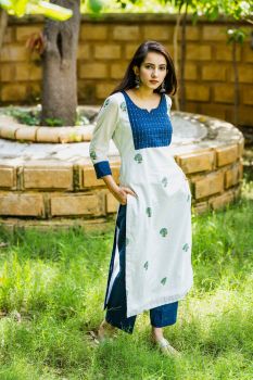 Floral Cotton aline kurta with blue pants