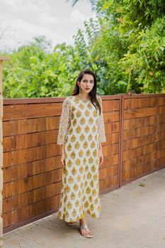 Floral Muslin kurta with georgette sleeves and yellow pants