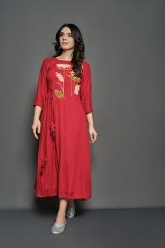 Red Side Pleated Straight Kurti