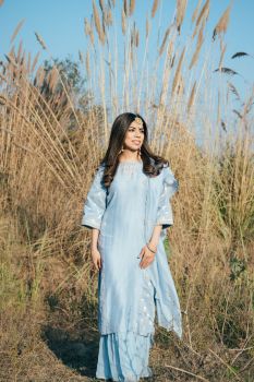 Blue chanderi neckpiece embroidery suit