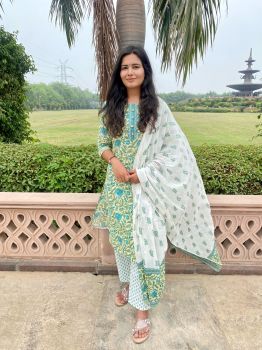 Green And White Printed Suit Set