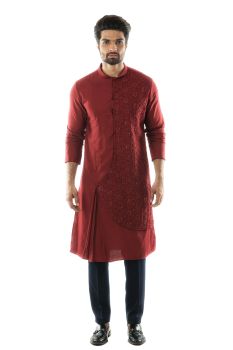 Maroon Overlapped Hand Embroidered Kurta Set embellished with French Knots