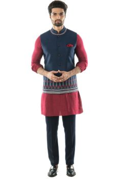 Blue Aztec Hand Embroidered Nehru Jacket