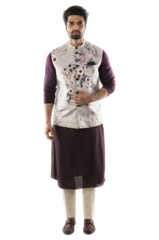 Purple Kurta Set paired with a Dusty Grey Floral Nehru Jacket