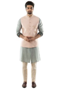 Pink Hand Embroidered Quilted Nehru