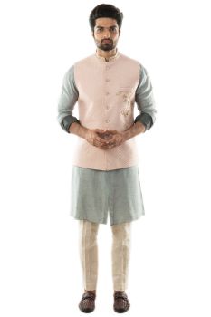Grey Shaded Sleeves Kurta Set paired with a Pintuck Pant Pajama & Pink Hand Embroidered Quilted Nehru