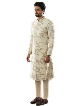 Craem Leaf All Over Jaal Hnad Embroidered Sherwani paired with a Cream Pintuck Pant Pajama